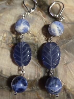 Artisan Carved Blue Sapphire Leaf Drop Earrings with Sodalite Beads